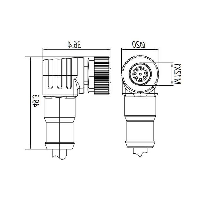 M12 8Pin、母头90°、单端预铸PUR柔性电缆、黑色护套、64S441-XXX